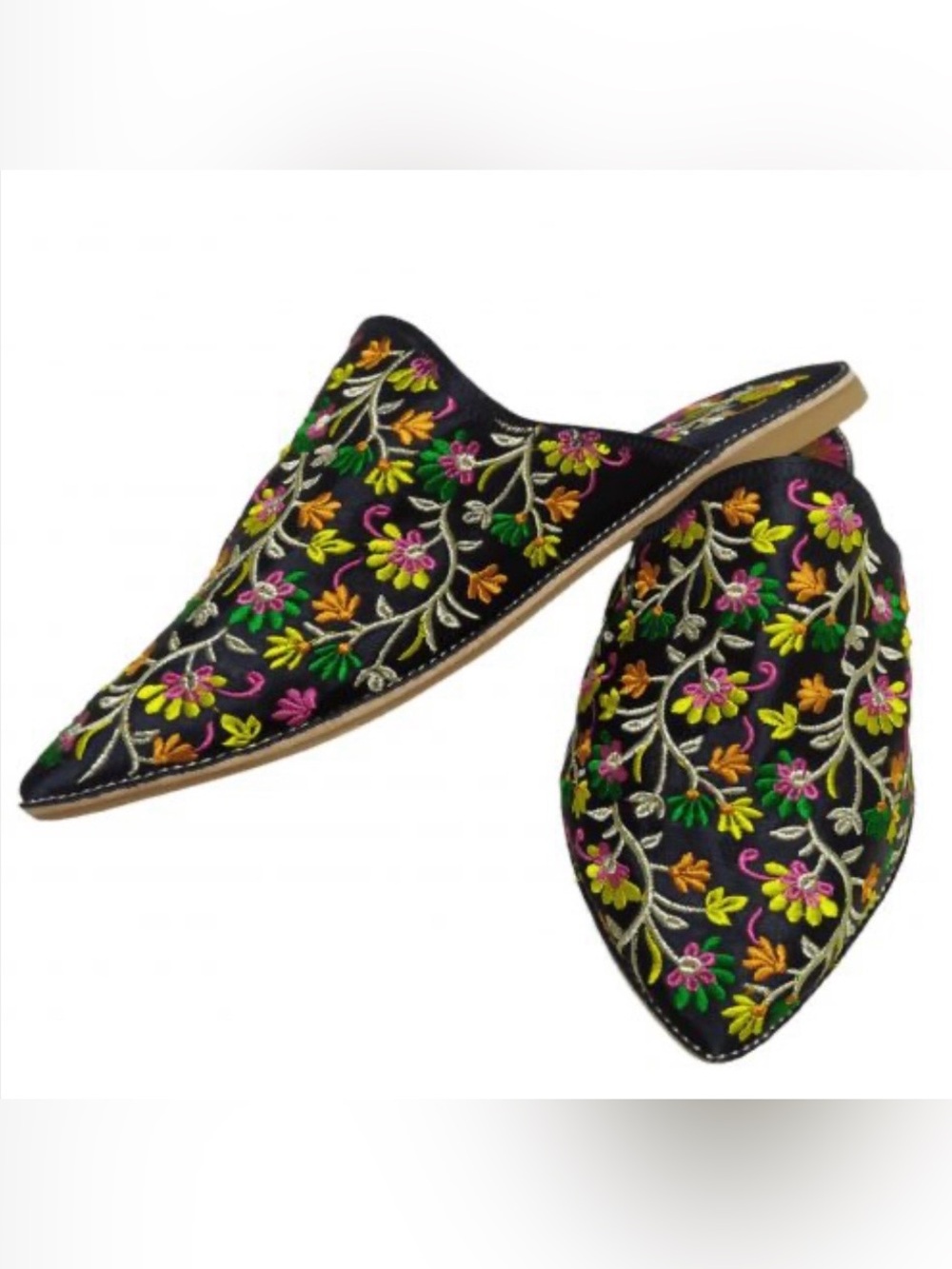 Women’s Black Embroidered Floral Slip-On Mules